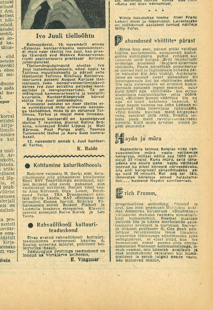 Неприятности из-за «битлов». Газета Сирп я вазар (Таллин) № 45 (1142) от 5 ноября 1965 года, стр. 7, на эстонском языке