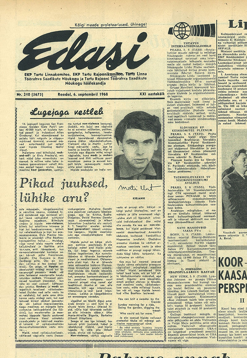 Мати Унт. Длинные волосы, короткий ум? Газета Эдази (Тарту) № 210 (5675) от 6 сентября 1968 года, стр. 1, на эстонском языке