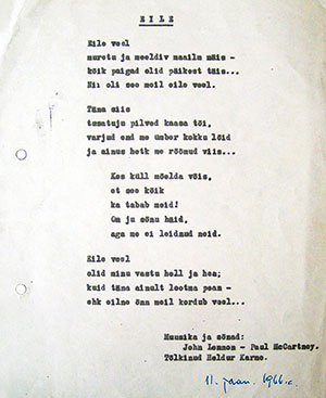 Газета Televisioon, № 53 (262) за 1966 год - эстоноязычный текст песни Eile (Вчера), датированный 11 января 1966 года из личного архива автора Хелдура Кармо