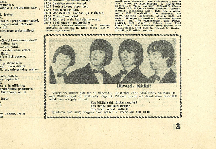 Прощайте, битлы! Газета Раадиолехт (Таллин) № 6 (529) за 13-19 февраля 1967 года (на эстонском языке) – анонс радиопередачи о Битлз на стр. 3