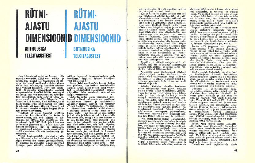 Юри Лина. Размеры эпохи ритма. Журнал Ноорус (Таллин) № 4 за апрель 1973 года, страницы 42-43 (на эстонском языке)