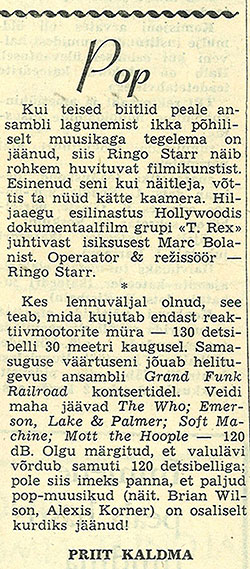 Прийт Калдма. Заметка про Ринго Старра без названия. Газета Таллинский политехник (Таллин) № 17 (711) от 25 мая 1973 года, стр. 4 (на эстонском языке)