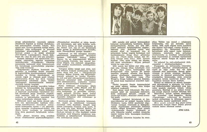 Юри Лина. Размеры эпохи ритма. Журнал Ноорус (Таллин) № 5 за май 1973 года, страницы 42-43 (на эстонском языке)